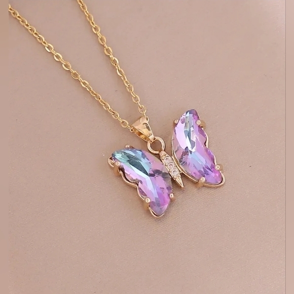 18K Gold Plated Stainless Steel Chain, Glass Butterfly Pendant, Light Purple - Picture 1 of 7